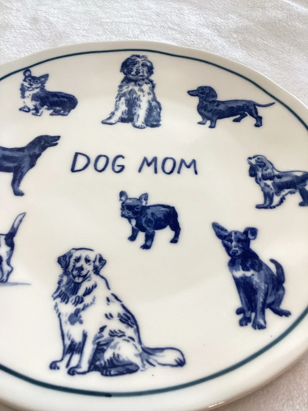 Anthropologie Stoneware Dog Mom Plate Dessert Molly Hatch New White Blue 8.25”